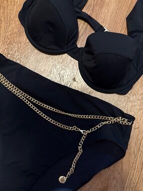 WeWoreWhat Black Bikini Set with Gold Chain Belt Detail